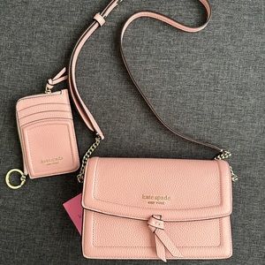 Kate Spade BNWT Knott pink pebbled leather flap cross body & coin/card holder